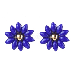 (Jewelry Parties Factory Sale)Seed Beads Stud Earrings, with 304 Stainless Steel Earring Findings and Ear Nuts, Flower, Golden, Medium Blue, 14.5x15.5mm, Pin: 0.6mm