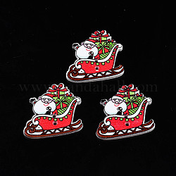 Weihnachtliche 2-Loch spritzlackierte Ahornholzknöpfe, einseitig bedruckt, schlitten mit weihnachtsmann, rot, 27x30x2 mm, Bohrung: 1.8 mm