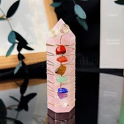 Bacchette di pietra curativa al quarzo rosa naturale avvolte in filo, con chip di pietra preziosa naturale, per decos di terapia di meditazione chakra reiki, prisma esagonale, 65~70mm