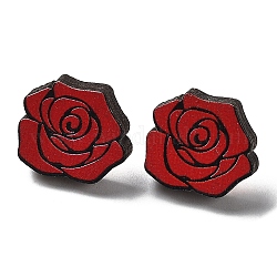 Valentine's Day Theme Printing Wood Stud Earrings for Women, with 316 Stainless Steel Pins, Flower, 15x16.5mm