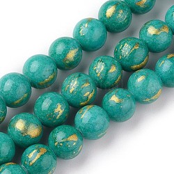 Natürliche Jade Perlen Stränge, mit Goldfolie, gefärbt, Runde, hell meergrün, 6 mm, Bohrung: 1 mm, ca. 70 Stk. / Strang, 15.75 Zoll (40 cm)