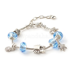 European Style Snake Chain Bracelet, Glass Rondelle Beaded Bracelet with Alloy Tortoise Shell Crab, Platinum, Light Blue, 8 inch(20.2cm)