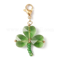 Glass Beads Pendants Decorations, with 304 Stainless Steel Lobster Claw Clasps and Solid Round Brass Beads, Clover, Green, 41mm