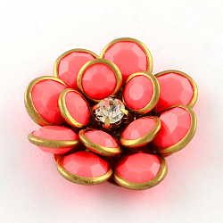Opaque Acrylic Flower Cabochons with Rhinestone and Golden Tone Brass Bottom, Tomato, 33x33x7mm