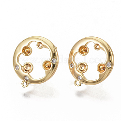 Brass Cubic Zirconia Stud Earring Findings, with Loop, Flat Round, Nickel Free, Real 18K Gold Plated, 15.5x14mm, Hole: 0.9mm, Pin: 1mm