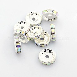 Brass Rhinestone Spacer Beads, Grade A, AB Color, Rondelle, Nickel Free, Clear AB, Silver Color Plated, Size: about 12mm in diameter, 4mm thick, hole: 2.5mm