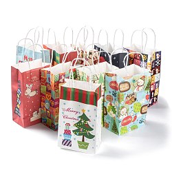 Рождественские тематические подарочные пакеты из крафт-бумаги, с ручками, сумки для покупок, Смешанные узоры, 13.5x8x22 см