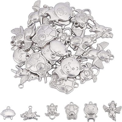 Wholesale UNICRAFTALE 24pcs 6 Styles Pig Pendants 304 Stainless Steel Animal  Charms Metal Pig Charms for DIY Necklace Jewelry Making 