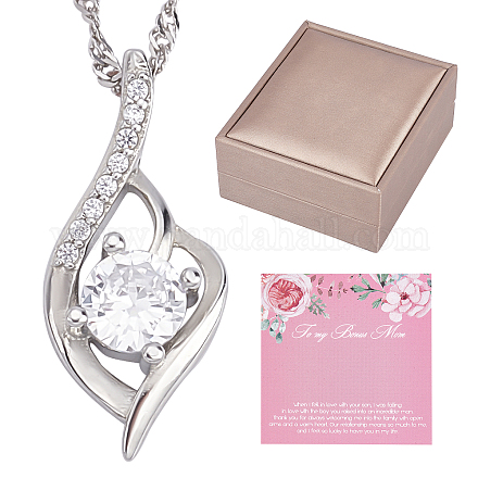 CREATCABIN 925 Sterling Silver Heart Necklace- To My Bonus Mom with Cubic Zirconia Pendant Jewelry Gifts for Friendship Girlfriend Daughter Christmas Valentines Day SJEW-CN0001-12B-1