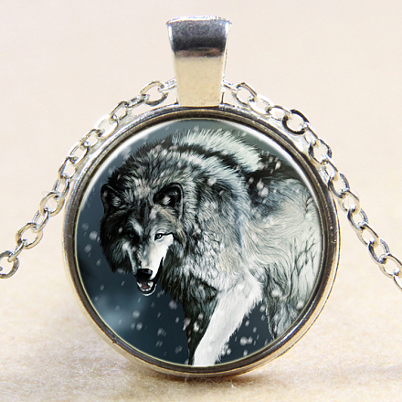 Wolf Pattern Flat Round Glass Pendant Necklaces NJEW-N0051-013H-02-1