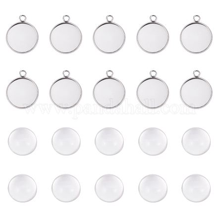 304 Stainless Steel Pendant Cabochon Settings and Clear Half Round Glass Cabochon STAS-X0017-12P-16mm-1