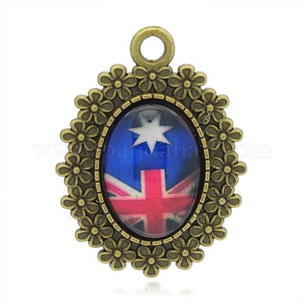 Nickel Free Antique Bronze Plated Alloy Glass Oval Pendants PALLOY-J632B-01AB-NF-1