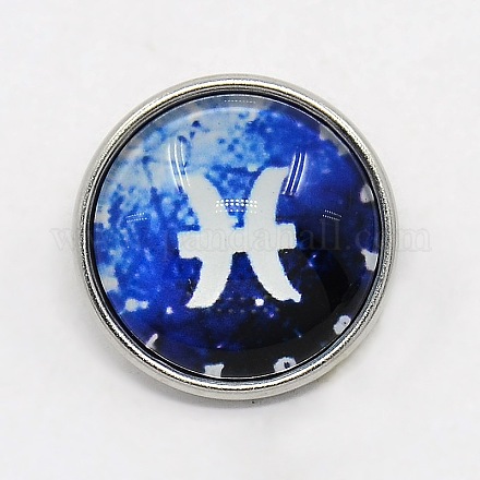 Platinum Plated Brass Glass Flat Round with Blue Constellation/Zodiac Sign Jewelry Snap Buttons SNAP-M034-A-04-1