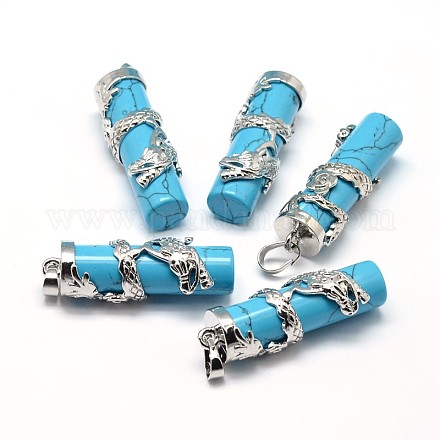 Column with Dragon Platinum Plated Brass Synthetic Turquoise Pendants G-F228-23E-RS-1