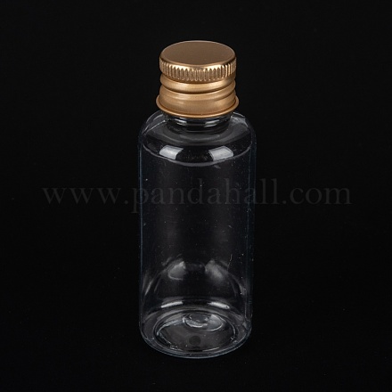 ペットのプラスチック製ミニ収納ボトル  トラベルボトル  化粧品用  クリーム  ローション  液体  アルミスクリューキャップ付き  ゴールドカラー  2.9x7.7cm  容量：30ml（1.01fl.oz） CON-K010-03C-02-1