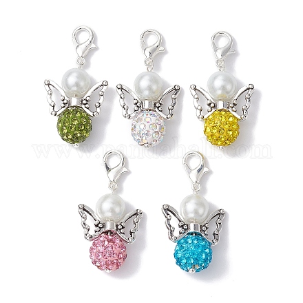 Adornos colgantes de perlas de vidrio y cuentas de rhinestone de arcilla polimérica de ángel HJEW-JM01361-1