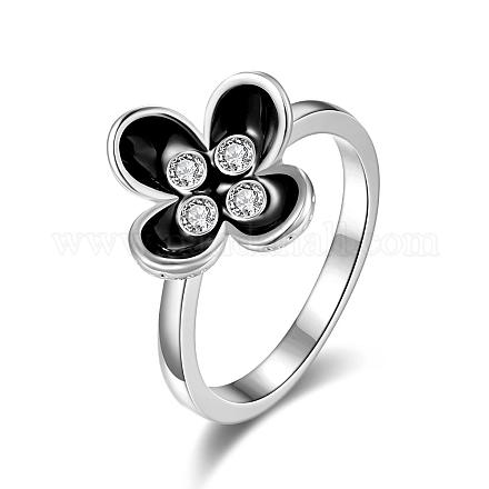 Real Platinum Plated Tin Alloy Czech Rhinestone Flower Rings for Women RJEW-BB03321-7C-1