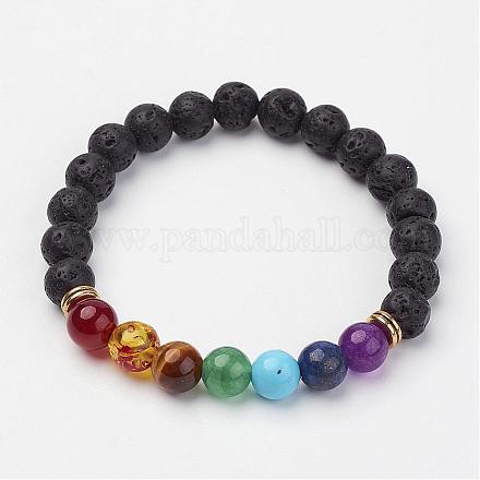 Bracelets extensibles avec perles de pierre de lave et pierres précieuses BJEW-P065-B-07-1