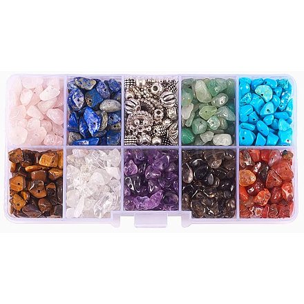 PandaHall Elite 1 Box 10 Style Irregular Gemstone Chip Beads with Antique Silver Mixed Style Tibetan Style Alloy Bead Caps and Tibetan Style Alloy Spacer Beadsfor DIY Spacer Beads Making DIY-PH0020-41AS-1