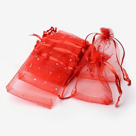 プレゼントラッピングオーガンジーバッグ巾着袋  結婚式の好意バッグ  好意バッグ  スパンコールとリボン付き  長方形  レッド  9x7cm OP077Y-8-1