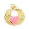 Rack Plating Brass Enamel Pendants, with Jump Ring, Long-Lasting Plated, Real 18K Gold Plated, Cadmium Free & Lead Free, Wing with Heart Charm, Pink, 20.5x19x3.5mm, Jump Ring: 5x0.8mm, Inner Diameter: 3.5mm
