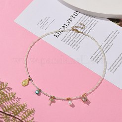 Vergine maria e albero e malocchio lega e collana pendente in ottone con catene di perline di semi di vetro per le donne&nbsp;NJEW-JN04289