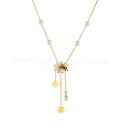 Colliers pour femmes en acier inoxydable 304 émaillé blanc et jaune avec pendentif en forme de fleur et perle en plastique et pompon en forme d'abeille&nbsp;FS-WGCFE06-01