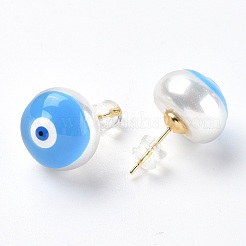 Clous d'oreilles mauvais œil en coquillage naturel avec émail&nbsp;EJEW-G334-06G