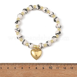 Set di 3 braccialetto elastico a forma di cuore con perline di porcellana stampate&nbsp;BJEW-JB14204-01