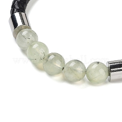 Pulseras de cordón de cuero trenzado con cuentas redondas redondas de prehnita natural para hombres y mujeres&nbsp;BJEW-A009-11P-08