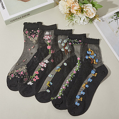 5 paio di calzini in seta di vetro chinlon a fiori per donna&nbsp;AJEW-WH20088-007