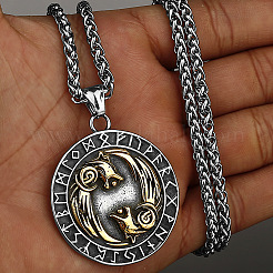 Collares con colgante de medalla vikinga de doble cabeza de lobo de acero inoxidable 304 para hombre&nbsp;WG5E412-01