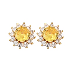 Pendientes de botón con micro pavé de circonita cúbica transparente y flor de latón para mujer&nbsp;EJEW-G428-17G