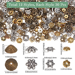 360 pièces 12 styles capuchons de perles en alliage de style tibétain&nbsp;TIBE-SC0002-35