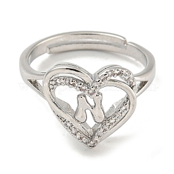 Anillos ajustables de circonita cúbica transparente con micropavé de latón chapado en forma de corazón y letras para mujer&nbsp;RJEW-I105-01P-N