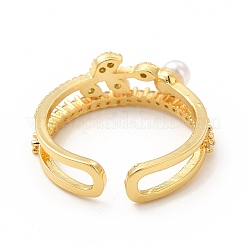 Anello a polsino aperto con foglia di zirconia cubica trasparente con perla di plastica con perline&nbsp;RJEW-I095-02G