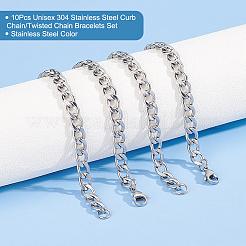 10 ensemble de bracelets unisexes à chaîne gourmette/chaîne torsadée en acier inoxydable 304&nbsp;STAS-UN0048-40