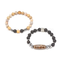 2 pz 2 braccialetti di perline di mala in stile con perline dzi di agata tibetana&nbsp;BJEW-JB08020-03