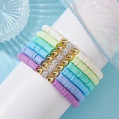6 Stück 6-farbige Polymer-Ton-Scheibe und Strass-Perlen-Stretch-Armbänder-Set&nbsp;BJEW-JB09673