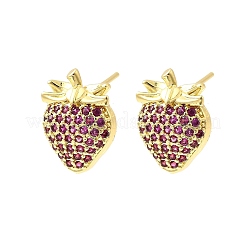 Orecchini a bottone in ottone con micro pavé di zirconi cubici a forma di fragola&nbsp;EJEW-L305-06G