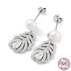 Boucles d'oreilles pendantes en forme de plume en zircone cubique anti-ternissement avec perle naturelle&nbsp;EJEW-F318-14P
