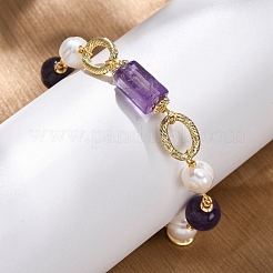Bracelets à maillons en perles rondes d'améthyste naturelle et de perles pour femmes&nbsp;BJEW-Q039-01G
