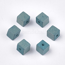 Painted Natural Wood Beads, Cube, Light Sea Green, 10x10x10mm, Hole: 2mm