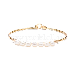 Brazalete con cuentas de perlas naturales, joyería de envoltura de alambre de cobre para mujer, dorado, diámetro interior: 2-3/8 pulgada (6.1 cm)