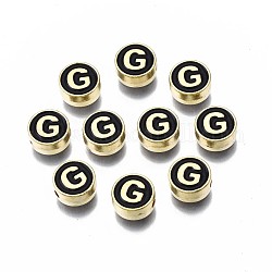 Legierung Emaille-Perlen, cadmiumfrei und bleifrei, Licht Gold, flach rund mit Alphabet, Schwarz, letter.g, 8x4 mm, Bohrung: 1.5 mm