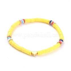 Bracelets extensibles faits main en pâte polymère heishi, avec perles en laiton en forme de cœur et perles d'espacement en alliage, jaune, 2-1/8 pouce (5.3 cm)