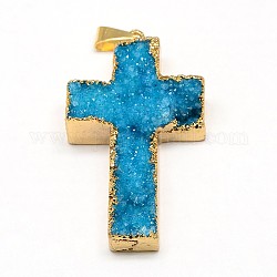 Electroplate Rough Gemstone Natural Drusy Crystal Pendants, with Brass Findings, Golden Plated, Cross, Dyed, Blue, 48~60x32~40x5~20mm, Hole: 4x9mm