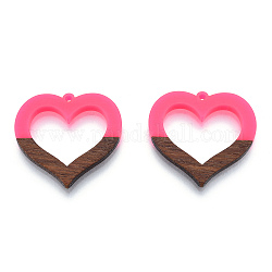 Colgantes de resina opaca y madera de nogal, encanto de corazón hueco, color de rosa caliente, 34x35x3mm, agujero: 2 mm
