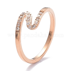 Ионное покрытие (ip) 304 кольцо на палец из нержавеющей стали, с кристально горный хрусталь, волна, розовое золото , размер США 6~9 (16.5~18.9 мм)