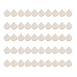 Breloques en alliage plaqué or, avec l'émail, paillettes émaillées, plat rond, blanc, letter.b, 14x12x2mm, Trou: 1.5mm, 50 pcs / boîte